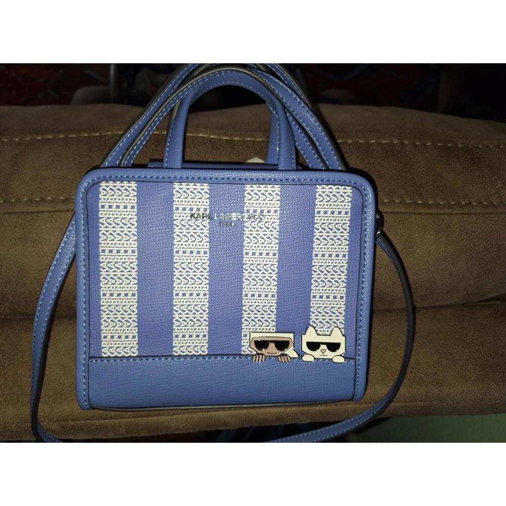 New Limited Karl Lagerfeld Blue White Satchel Handbag Crossbody Purse Tote - Picture 2 of 8